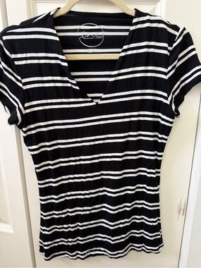 Black & White Striped V-Neck Women's Top